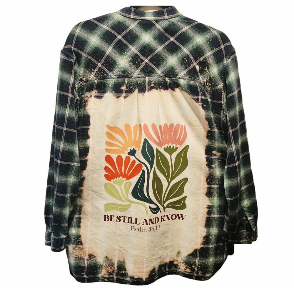 Be Still And Know Custom Upcycled Plaid Flannel Shirt, Women's M